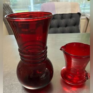 Elegant Red Glass Vase and Pitcher Set